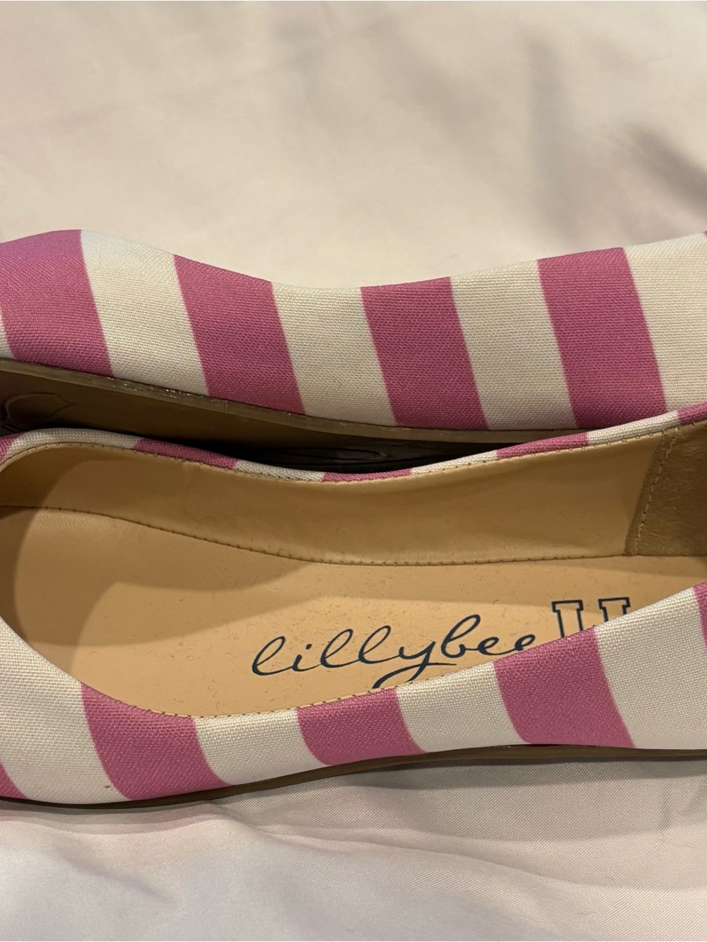 Lilly Bee Pink and White Striped Slip-On Ballet Flats